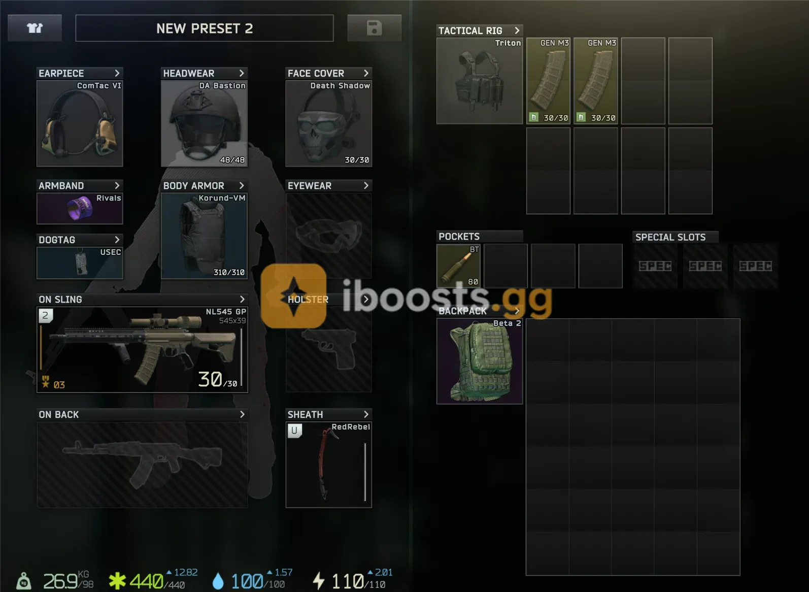 PVP KIT.NL545 META BUILD WITH 90+80 BT AMMO, BASTION HELMET/ULACH, DEATH SHADOW, KORUND VM, COMTAC 4