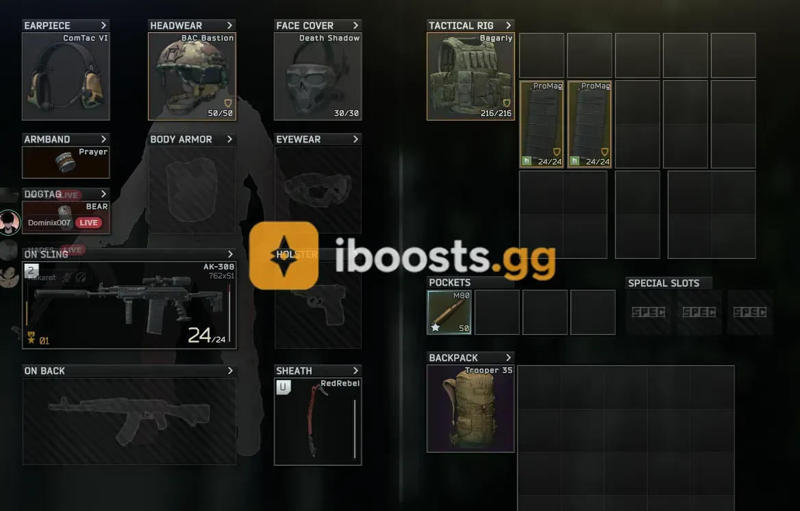 PVP KIT. AK-308 META BUILD WITH X72+50 M80 AMMO, BASTION HELMET/ULACH, DEATH SHADOW, KORUND VM/BAGARLY, COMTAC 4s